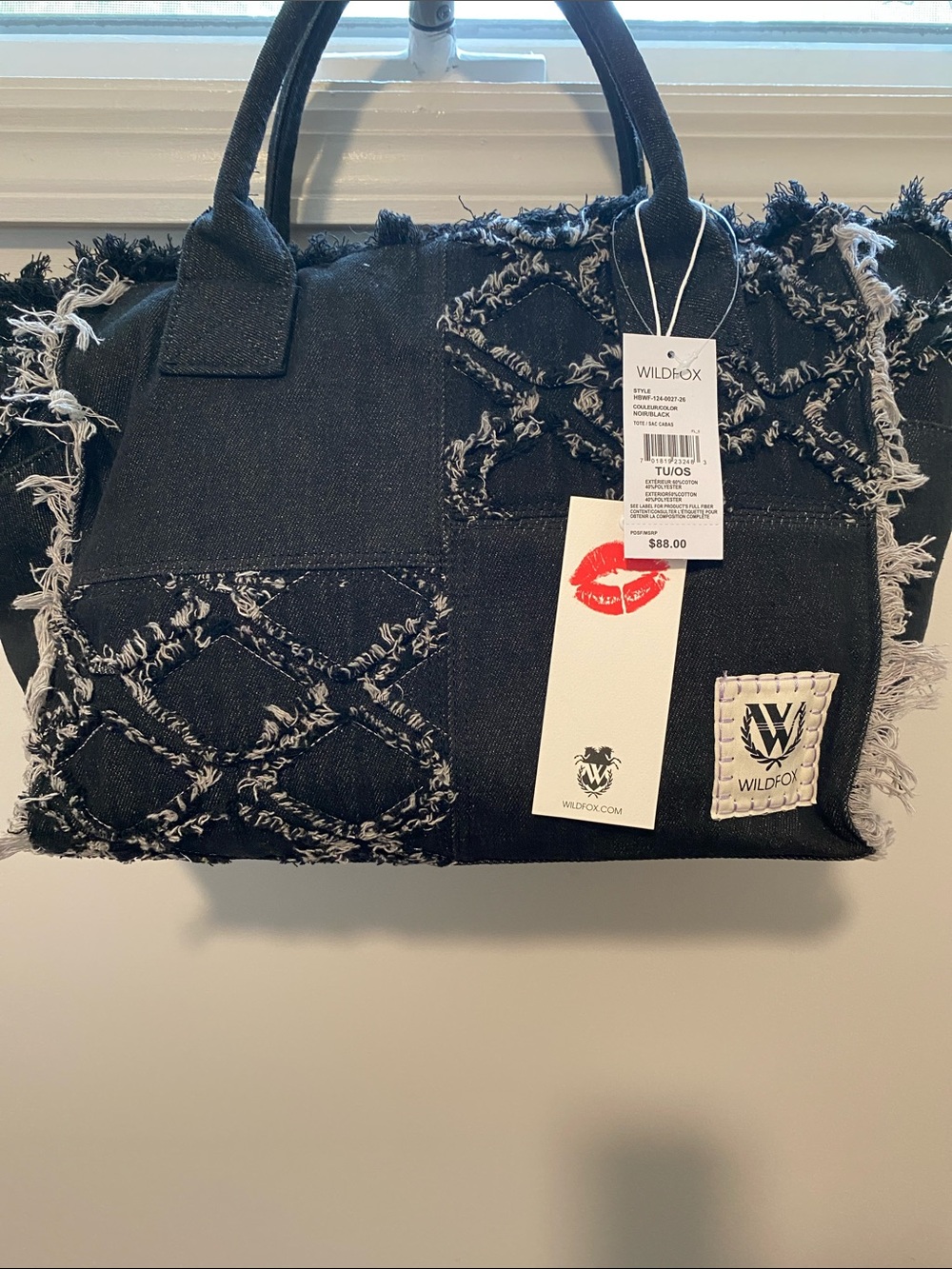 Wildfox Black Fringed Quilted Patchwork Tote w Crossbody Strap